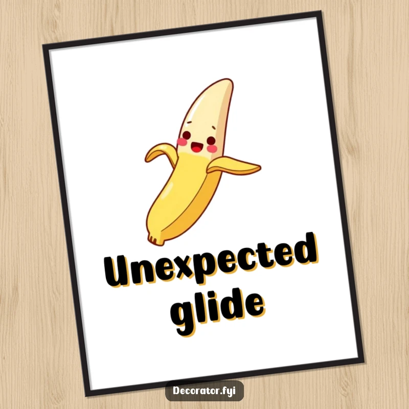 Funny Digital Art Print: A delighted banana peel slides down a slippery breadstick, bringing instant comical charm.