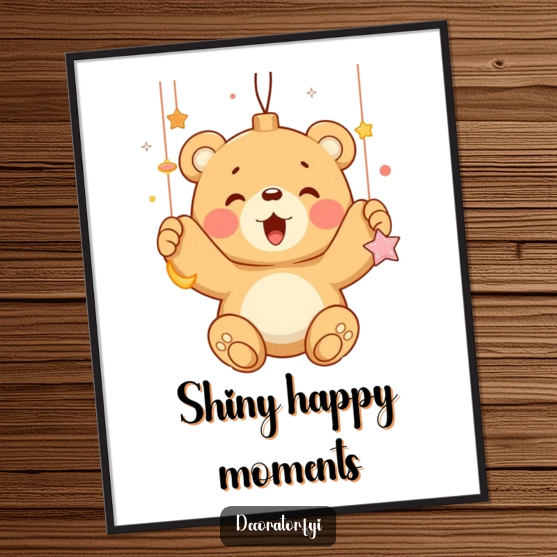 Funny bear cub enthusiastically hanging shiny ornaments, high-resolution digital art print, perfect for instant, festive decor.