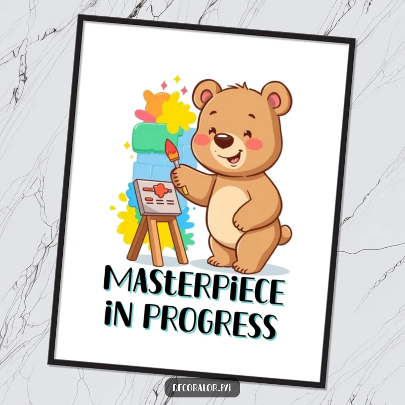 Funny bear digital art print of a smiling bear happily painting a vibrant mural on a small wall, creating colorful art.