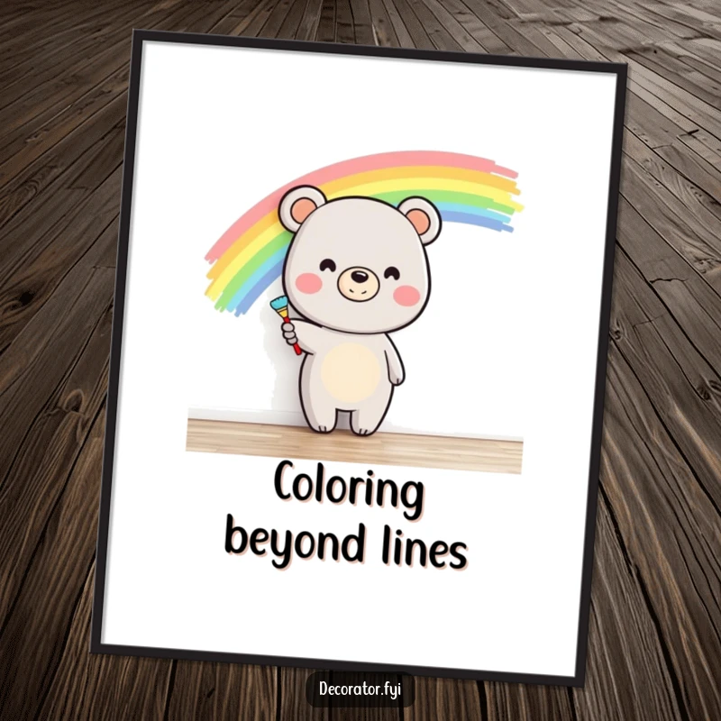 Funny happy bear character painting a vibrant rainbow across a wall with a smile, creating humorous and colorful digital art.