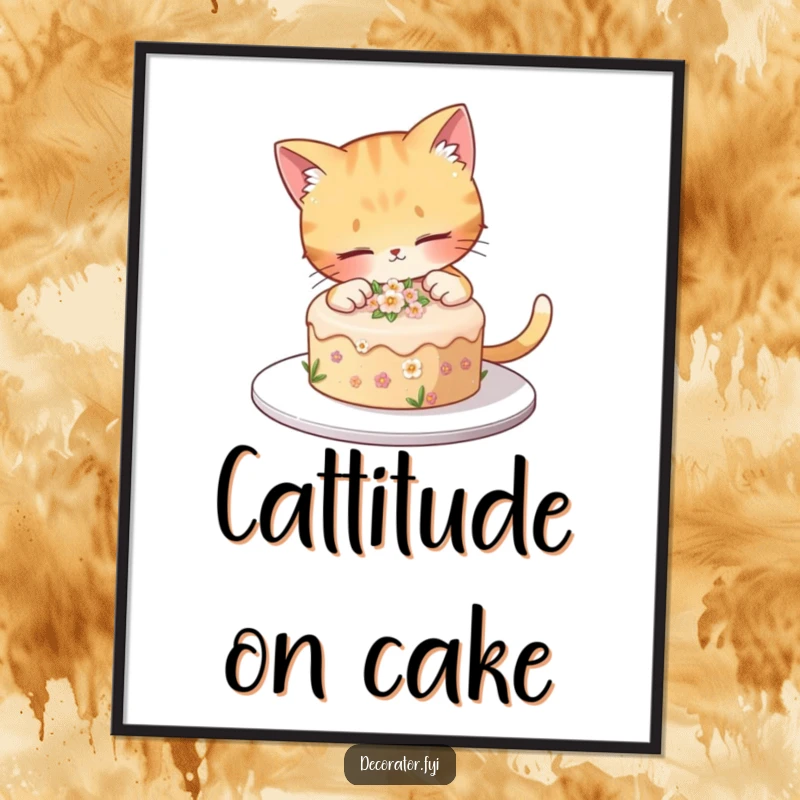 Funny curious cat decorates a small cake with tiny flowers, perfect for charming wall art.