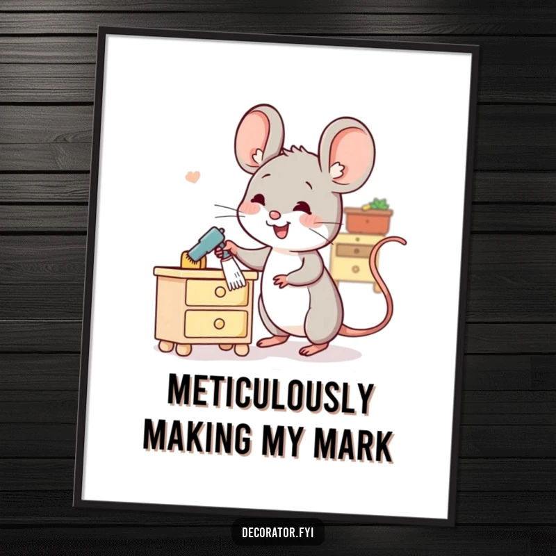 Funny digital art print of a cheerful mouse character dusting miniature furniture, conveying tidiness and joy humorously.