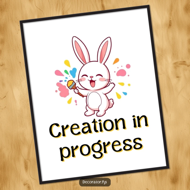 Funny digital art print of a cute bunny character excitedly painting a wall with colorful paints, full of artistic energy.