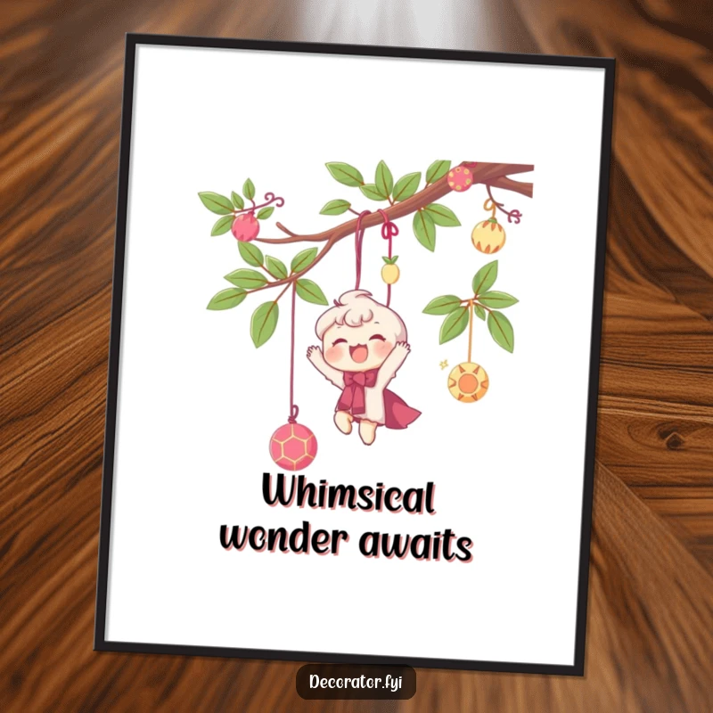 Funny digital art print of a delighted character happily hanging whimsical decorations from a branch, bringing festive charm and humor.