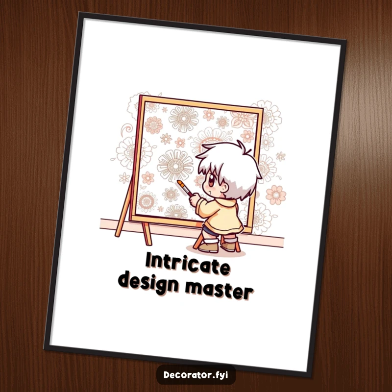 Funny digital art print of a determined character meticulously painting intricate patterns onto a wall, celebrating detailed artistry.