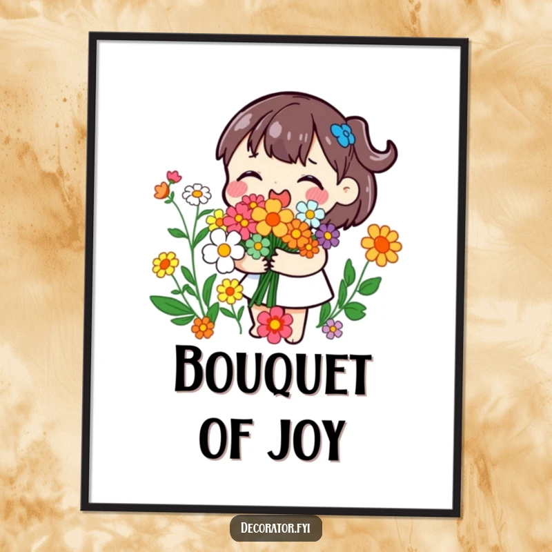 Funny digital art print of a playful character joyfully arranging colorful flowers into a bouquet, bringing natural beauty and humor.