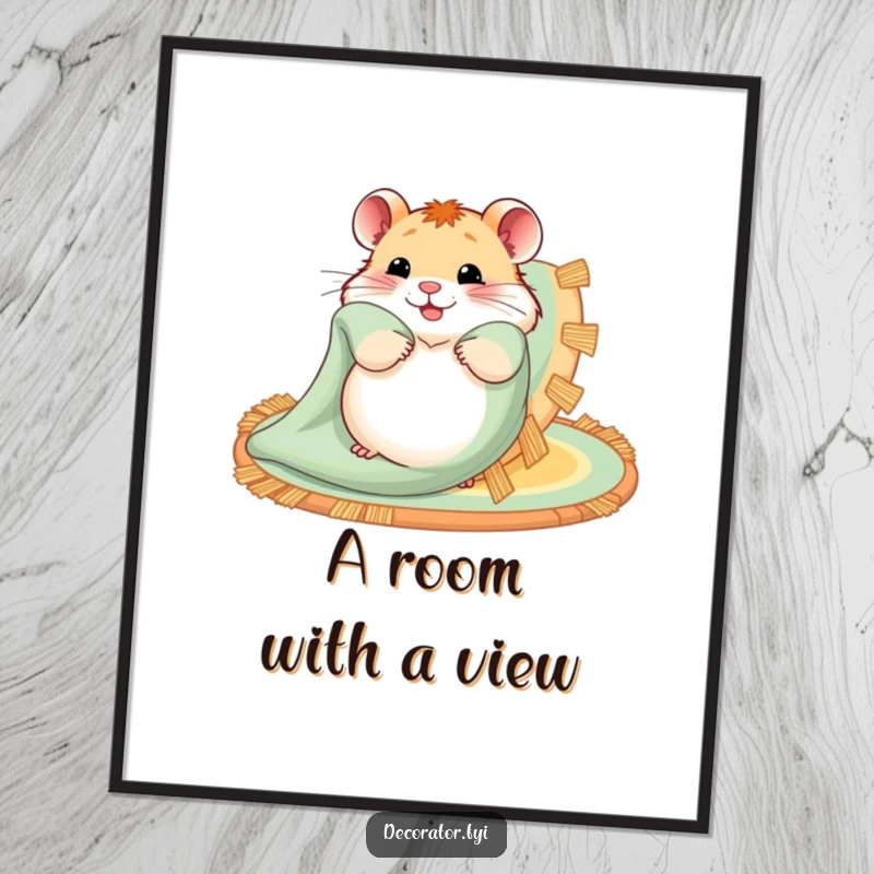 Funny digital art print of a hamster happily unfurling a patterned rug, perfect for adding cute and humorous decor.