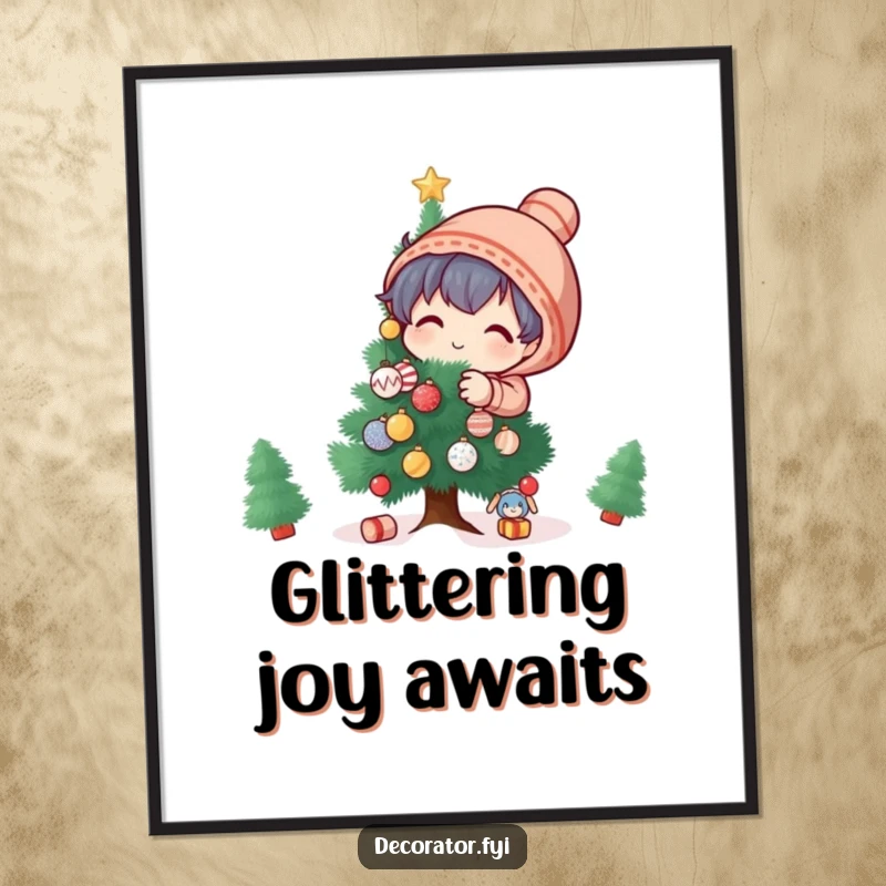 Funny Digital Art Print: Playful character decorates a small tree with tiny, glittering ornaments, festive and cheerful.
