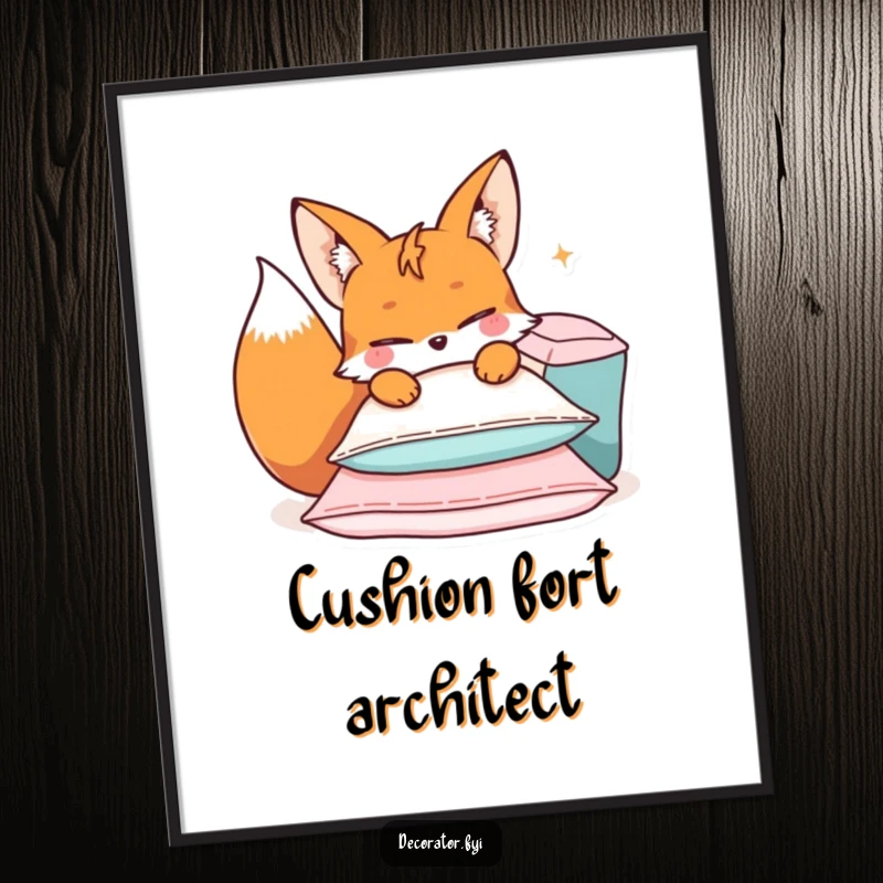 Funny digital art print of a mischievous fox character arranging playful cushions with a wink, instantly downloadable.