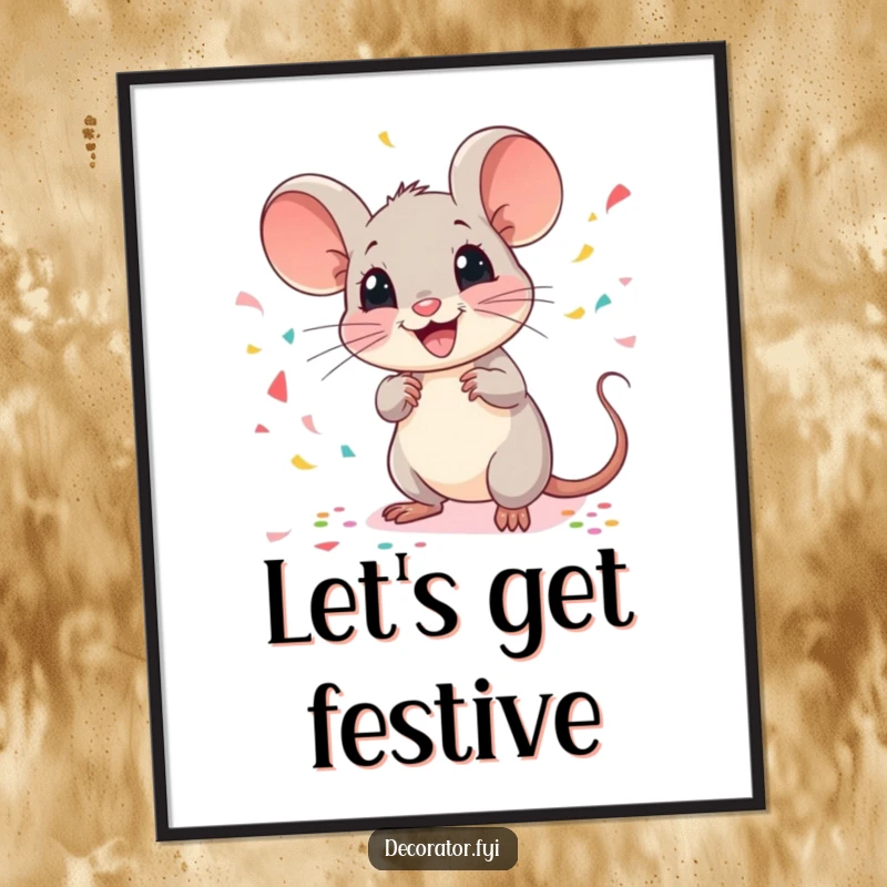 Funny digital art print of a cheerful mouse scattering confetti with a flourish, perfect for adding instant festive decor.