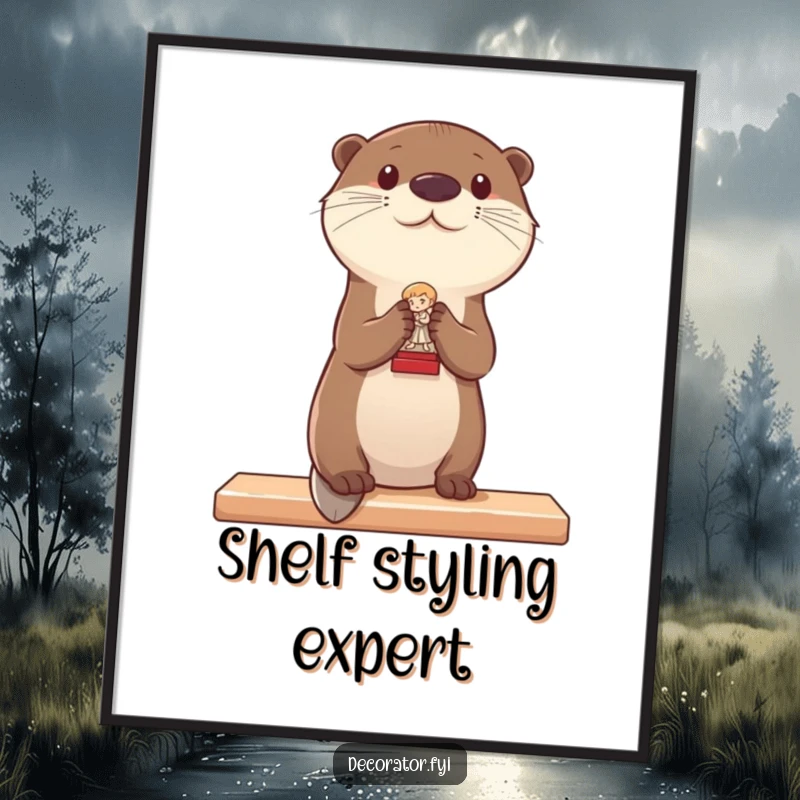 Funny digital art print of an otter carefully placing a tiny statue on a shelf, perfect for adding charming and whimsical decor.