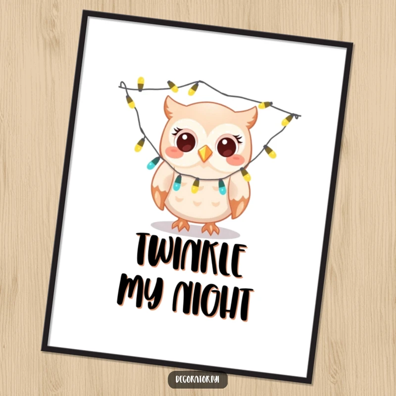 Funny owl digital art print, a giggling character gleefully draping twinkling lights, offering instant humorous festive wall art.