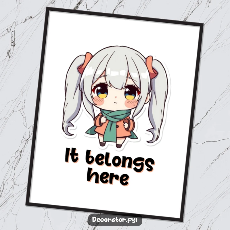 Funny digital art print of a determined character meticulously placing a charming accent piece, conveying a humorous dedication to interior design and perfection.