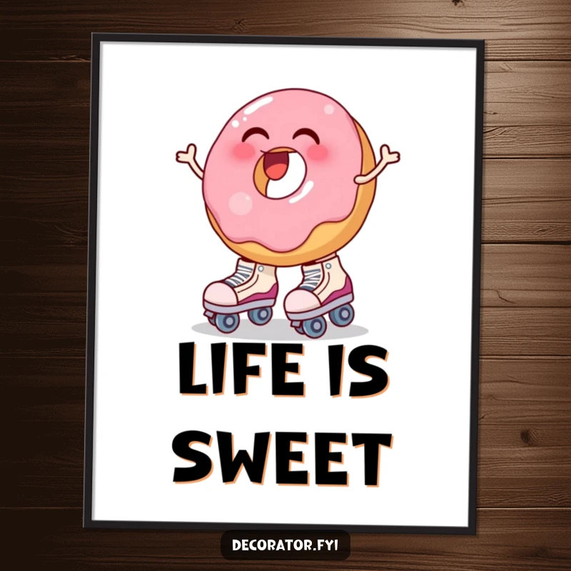 Funny digital art print of a laughing donut wobbling while trying to put on big roller skates. Playful decor.