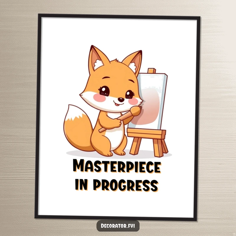 Funny digital art print of a smiling fox holding a paintbrush, ready to create, perfect for artistic and whimsical decor.