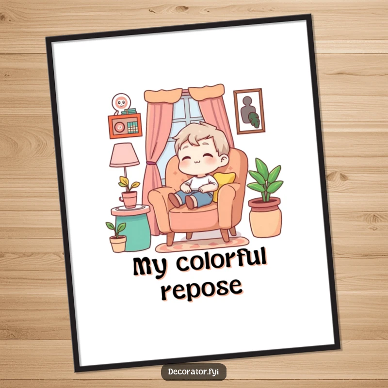 Funny Digital Art Print of a content character relaxing peacefully in an armchair surrounded by beautiful, colorful decor.