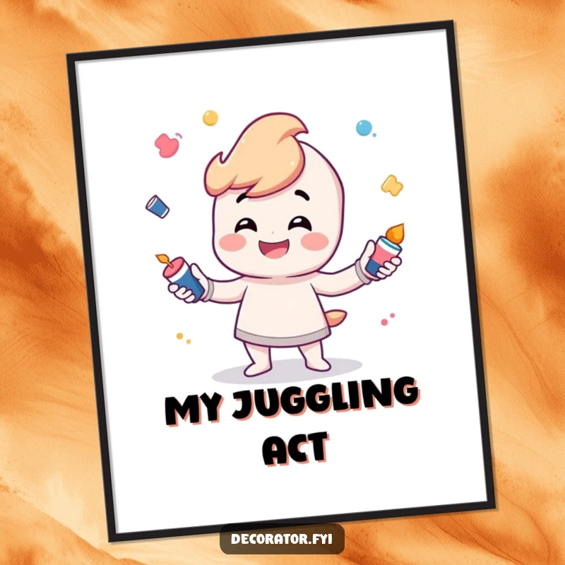 Funny Digital Art Print of a grinning character playfully juggling small, colorful paint pots with enthusiasm.