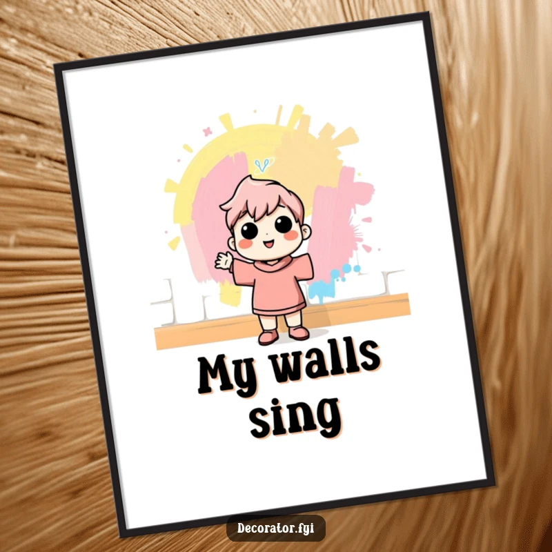 Funny digital art print of a cheerful character admiring a freshly painted wall with pride, conveying a humorous sense of accomplishment and DIY satisfaction.