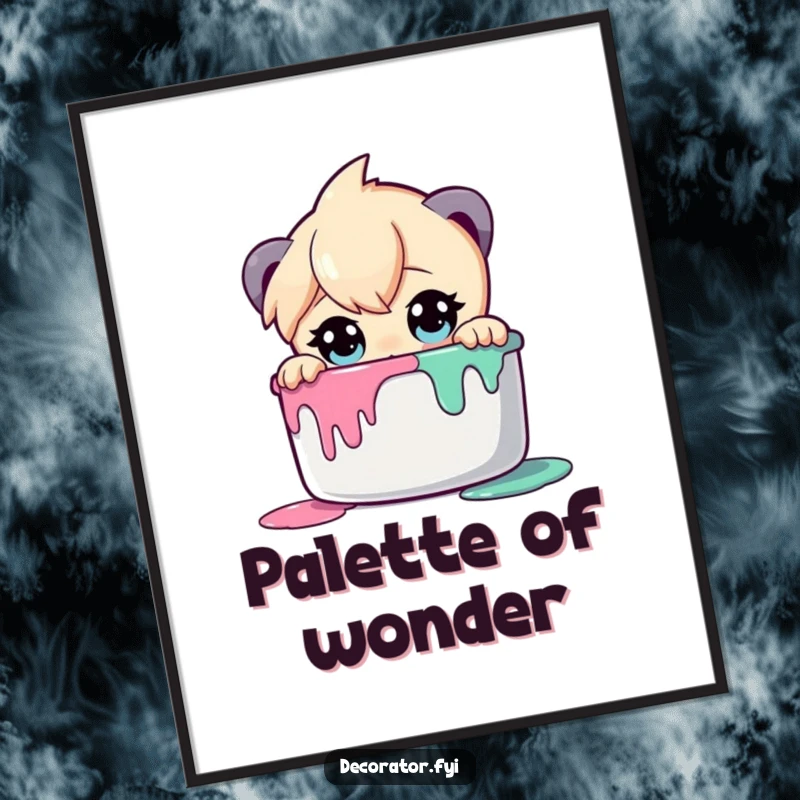 Funny digital art print of a curious character with wide eyes peering into a paint pot, evoking artistic wonder.