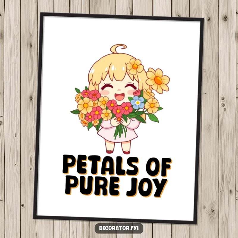 Funny Digital Art Print: Joyful character smiles while arranging a vibrant bouquet of beautiful flowers, high resolution.