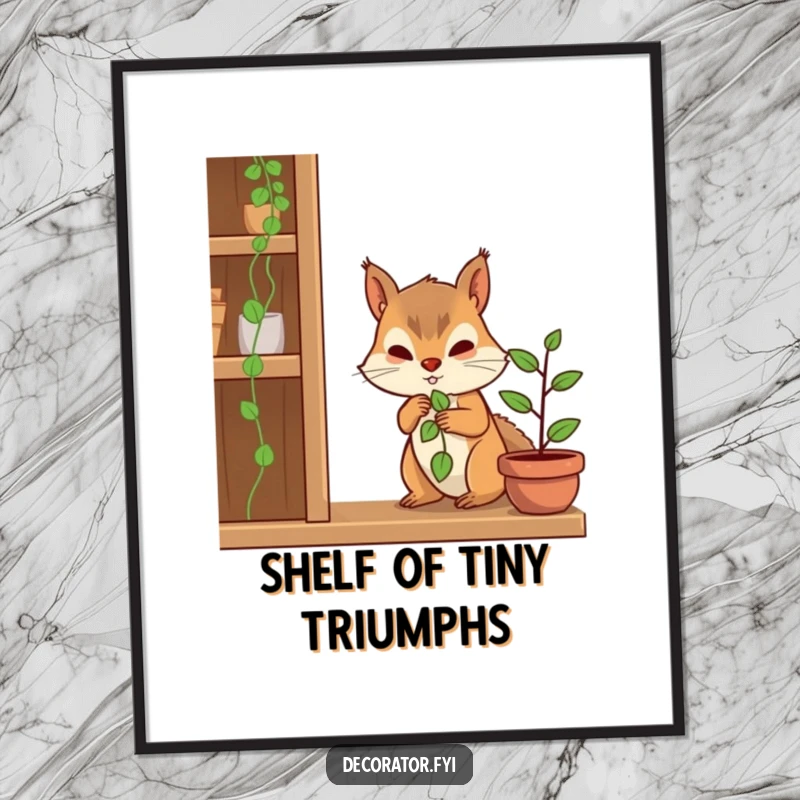 Funny digital art print of a determined squirrel character placing a tiny plant on a shelf, instantly downloadable.