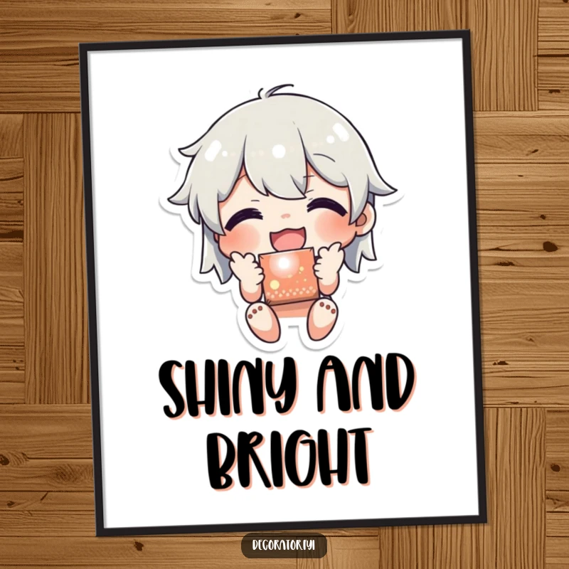 Funny digital art print of a character joyfully applying a shiny sticker to a surface, conveying a humorous sense of happy personalization and decoration.