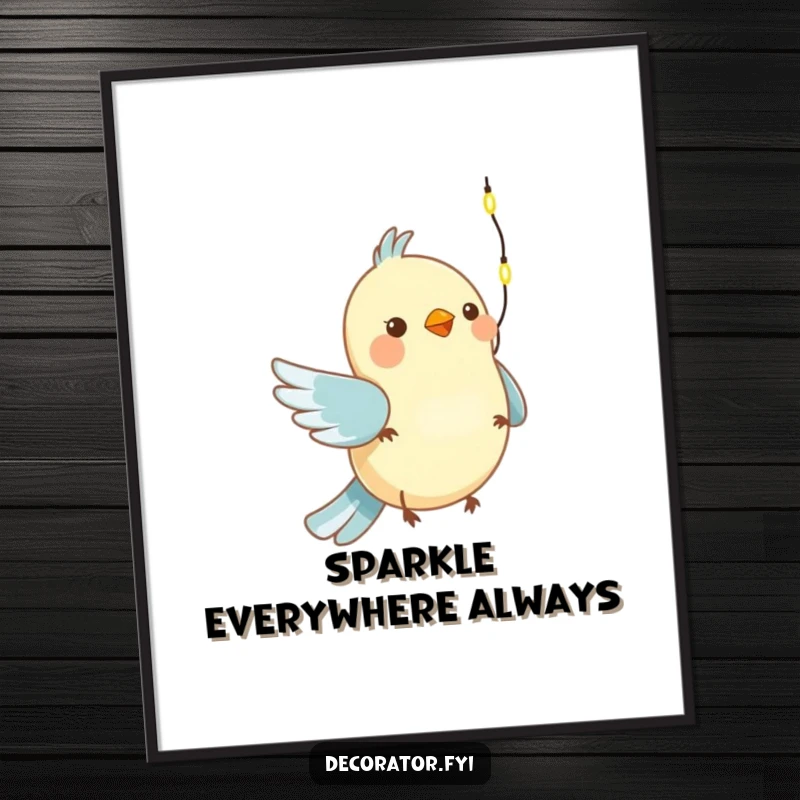 Funny digital art print of a cheerful bird hanging a miniature string of lights, capturing the essence of holiday decorating.