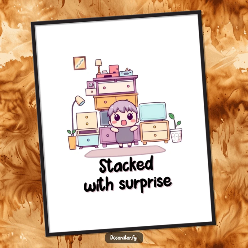 Funny digital art print showing a surprised character observing a perfectly stacked furniture arrangement, bringing instant humor.