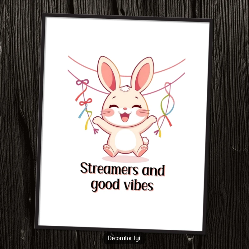 Funny digital art print of a joyous rabbit character hanging colorful streamers, instantly downloadable for festive decor.