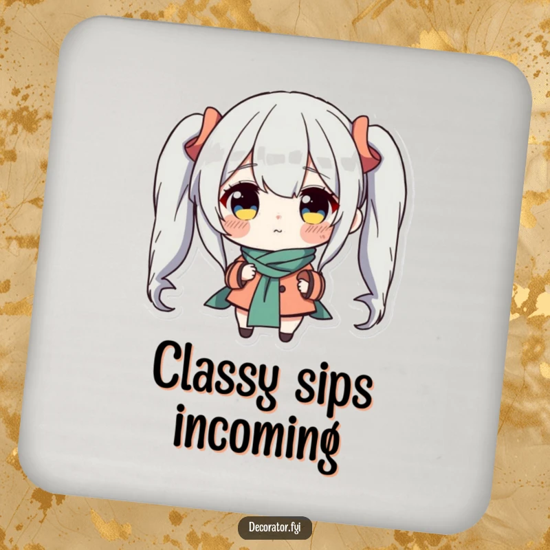 Funny drink coaster featuring a determined character meticulously placing a charming accent piece, protecting surfaces with humorous dedication and style.