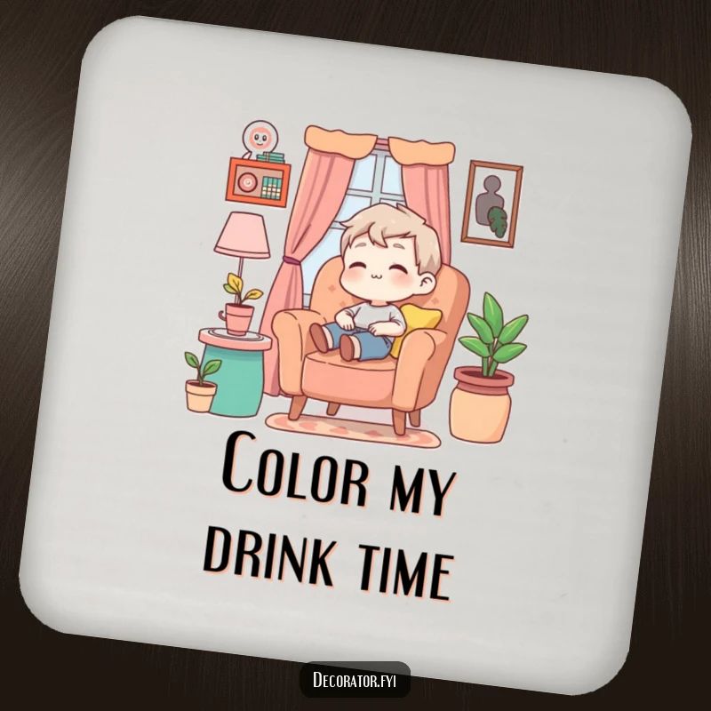Funny Drink Coaster showing a content character relaxed in a colorful armchair, adding a touch of calm to drinks.