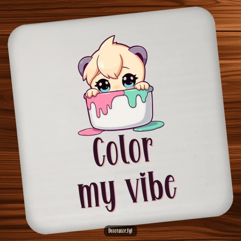 Funny drink coaster showing a curious character with wide eyes peering into a paint pot, celebrating artistic discovery.