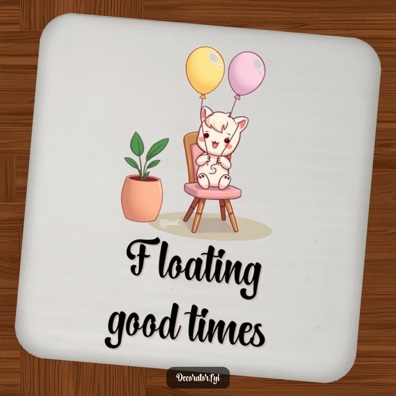 Funny drink coasters showcasing a mischievous character tying balloons to a chair, perfect for protecting surfaces with humor.