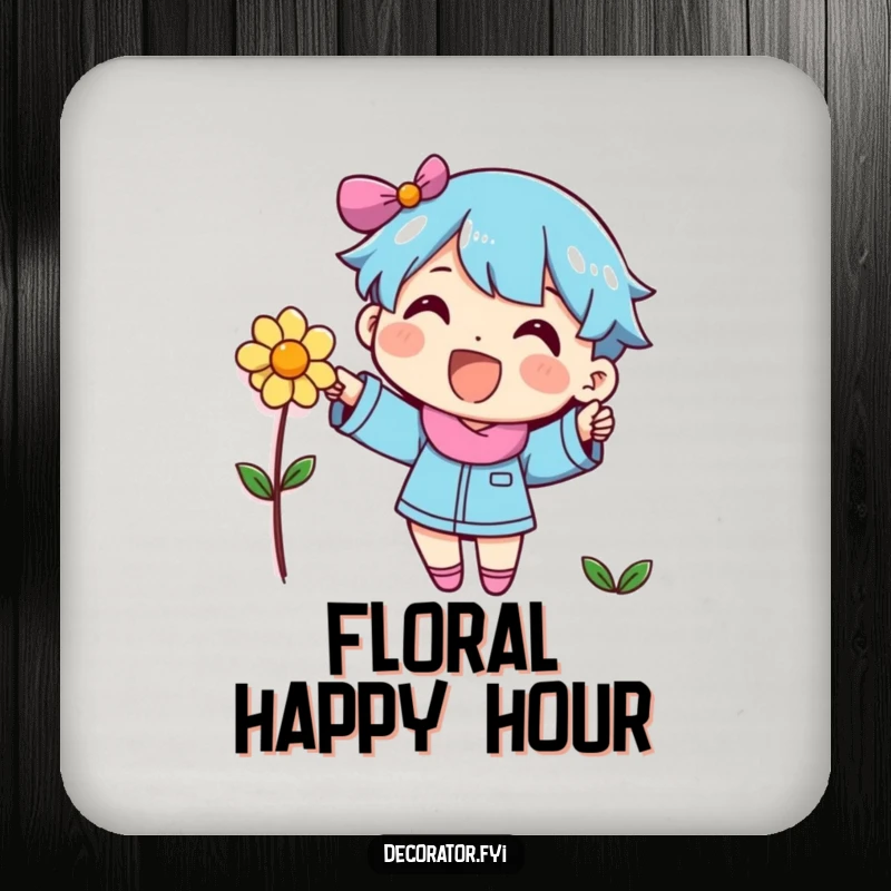 Funny character placing a decorative flower on a wall, creating a cheerful design perfect for drink coasters.