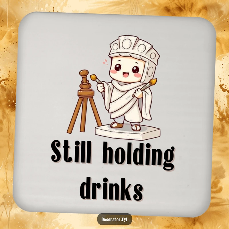 Funny drink coaster showing a mischievous character pretending to be a statue holding a tiny paintbrush, adding playful humor.
