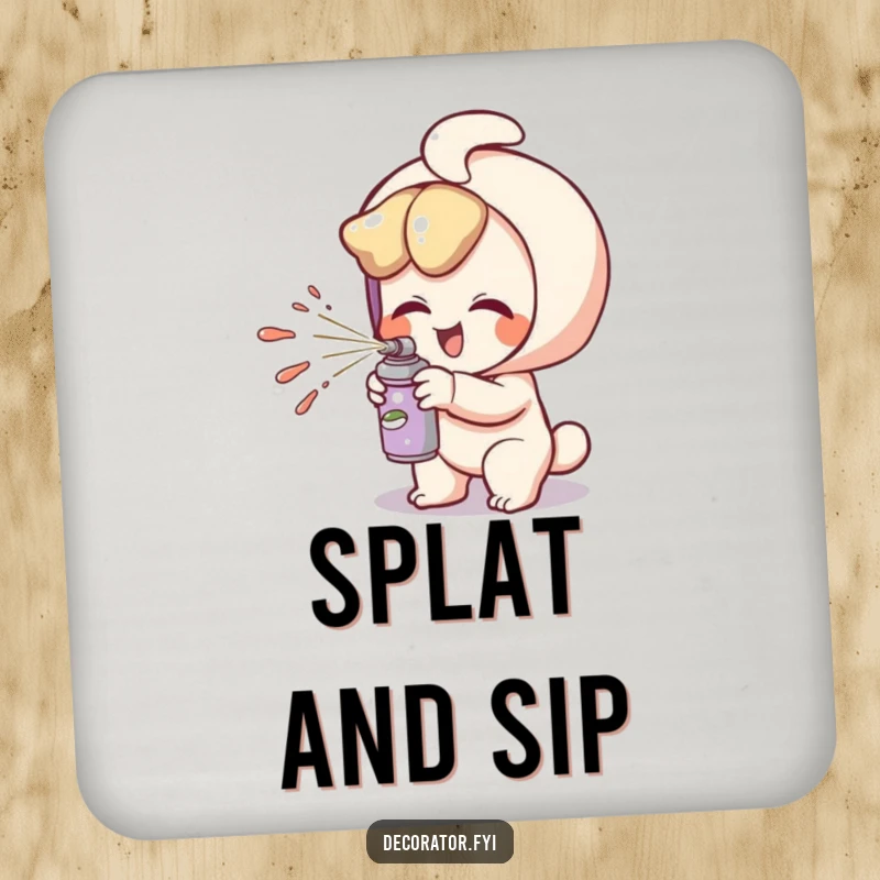 Funny coaster with a giggling character playfully spritzing paint, protecting surfaces with artistic humor.