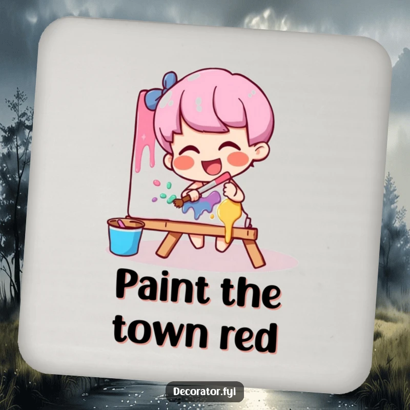 Funny artist coaster showing a giggling character playfully smearing paint onto a canvas, adding artistic fun.