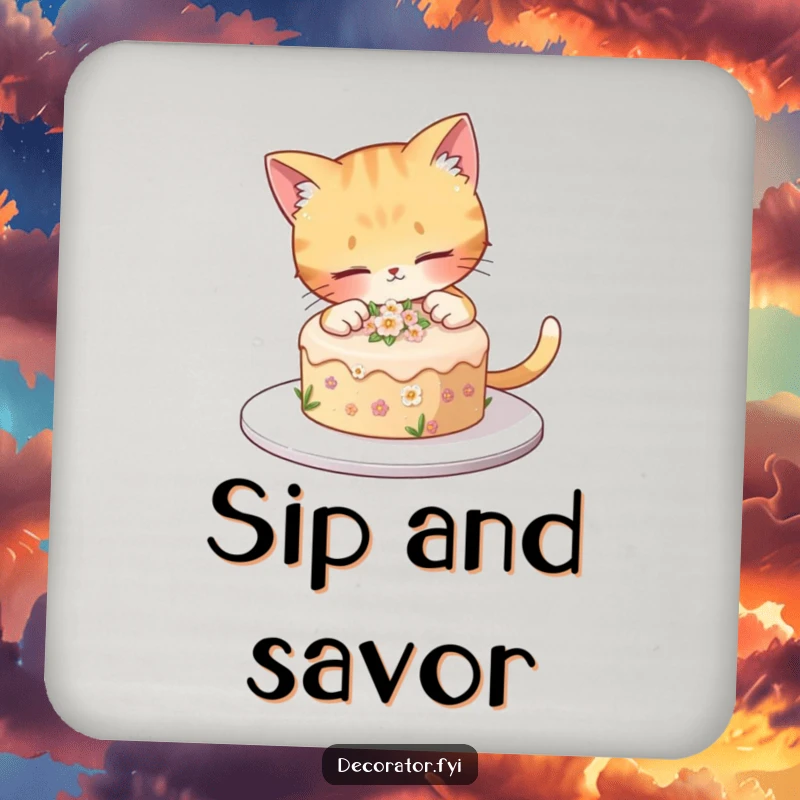 Funny cat decorates a small cake with tiny flowers, adding hilarious sweetness to a funny coaster.