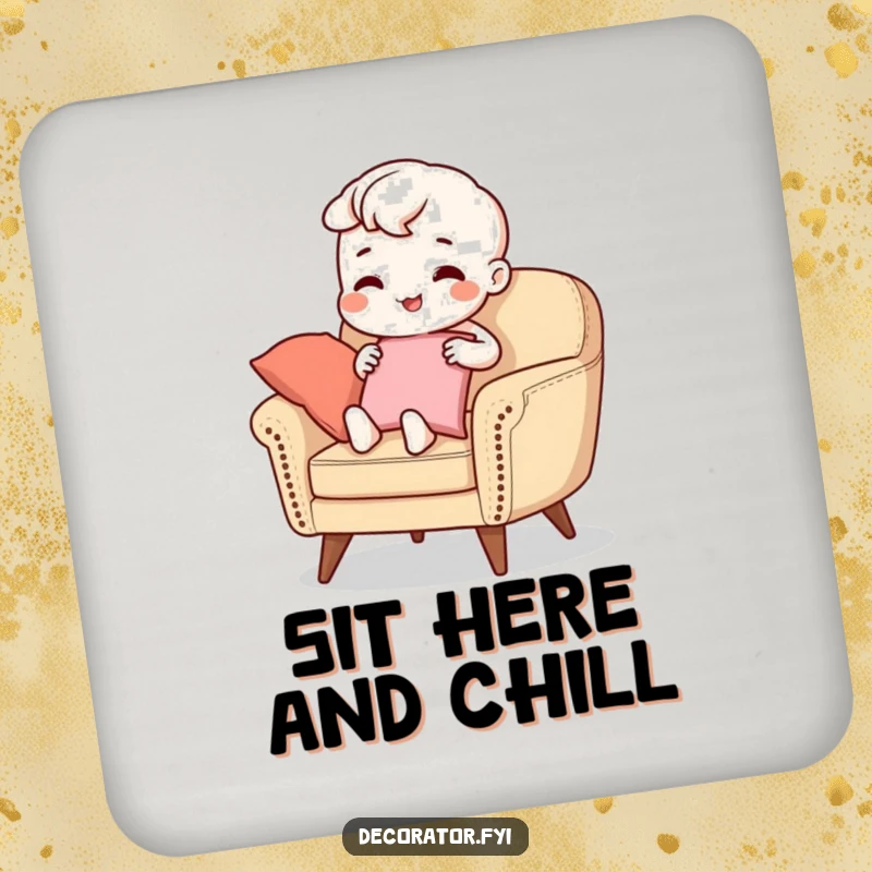 Funny Drink Coasters: A beaming character meticulously places cushions on a stylish armchair, bringing interior design humor to table protection.