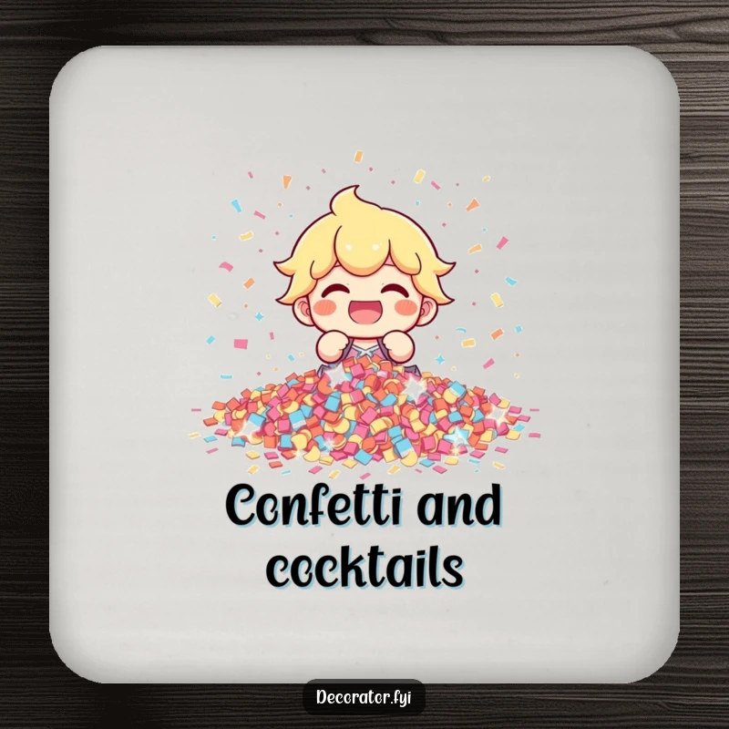 Funny character gleefully arranging confetti, protecting surfaces with festive cheer, a delightful and functional funny gift.