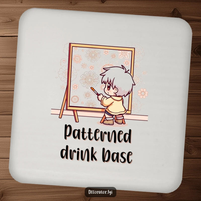 Funny drink coaster featuring a determined character meticulously painting intricate patterns onto a wall, adding artistic focus and protection.