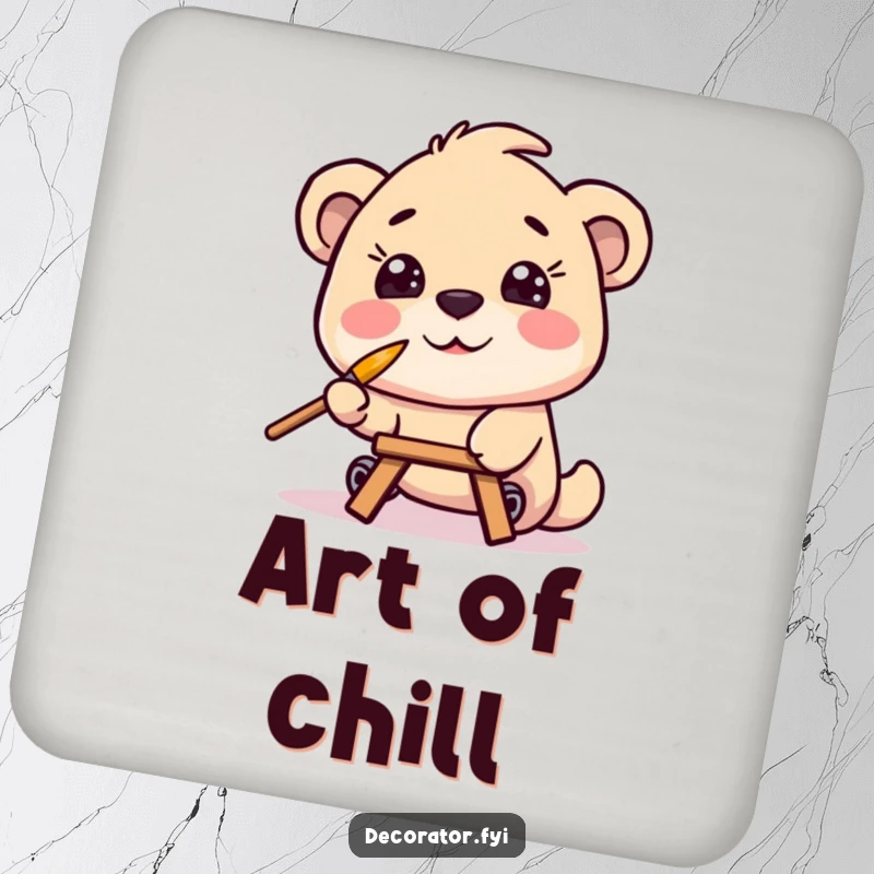 Funny drink coaster showing a smiling character balancing a tiny paintbrush on its nose, dedicated to artistic precision and surface protection.