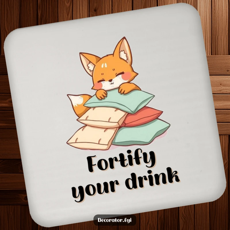 Funny mischievous fox character winking while arranging cushions, adding a humorous and protective element to a drink coaster.