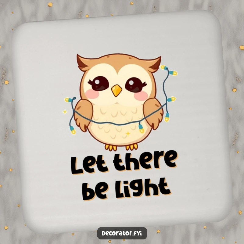 Funny coasters featuring a giggling owl character gleefully draping twinkling lights, adding humorous protection.