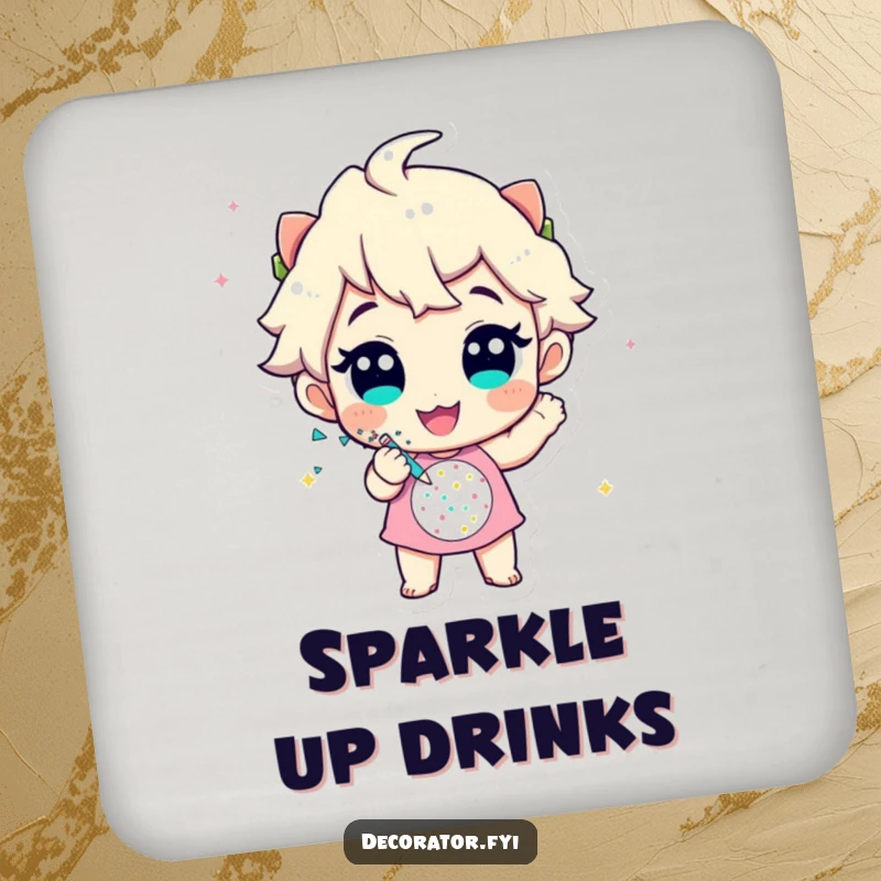 Funny drink coaster featuring a cheerful character enthusiastically applying glitter to a festive design, adding sparkle and protection.