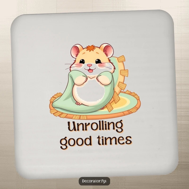 Funny drink coaster showing a hamster happily spreading out a patterned rug, adding a touch of cute humor.
