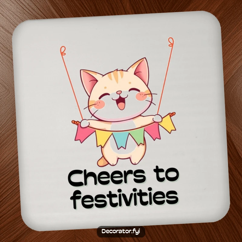 Funny drink coaster showing a happy cat character gleefully hanging a festive banner, protecting surfaces.