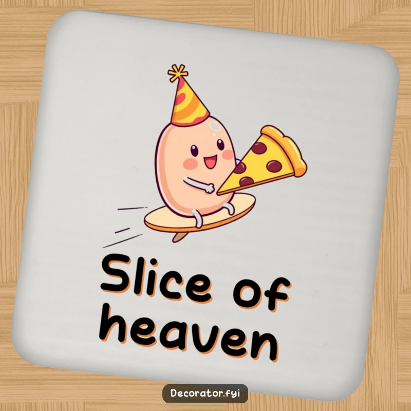 Funny Coasters: A wobbly jelly bean wearing a party hat joyfully rides a flying pizza slice, protecting surfaces humorously.
