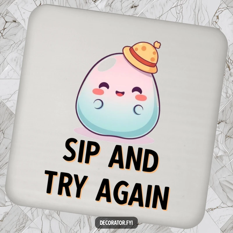 Funny coaster showing a wobbly jelly character hilariously failing to keep a tiny hat on, protecting surfaces with silly charm.