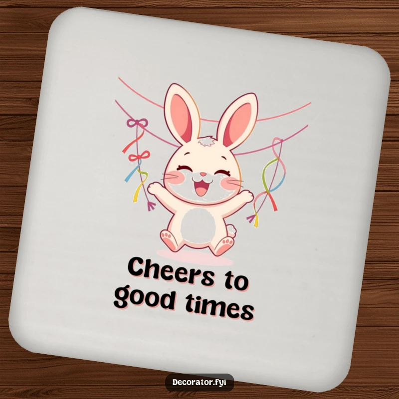 Funny coaster set with a joyous rabbit character hanging streamers, protecting furniture with party flair.
